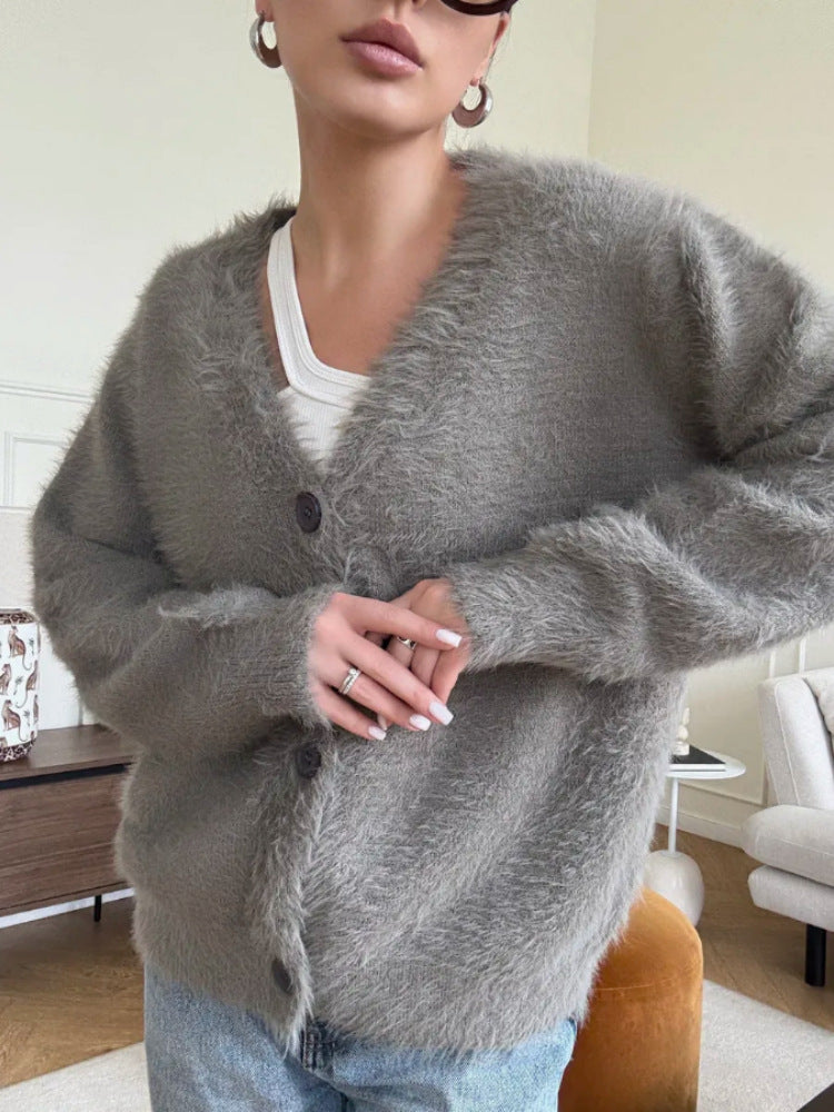 Damen Flauschiger Cardigan mit Druckknöpfen Shop Nory