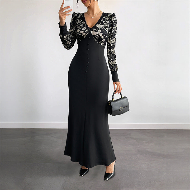 Damen Figurbetontes Maxikleid mit Spitzenoberteil, V‑Ausschnitt und Zierknopfleiste Shop Nory