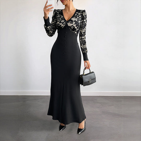 Damen Figurbetontes Maxikleid mit Spitzenoberteil, V‑Ausschnitt und Zierknopfleiste Shop Nory