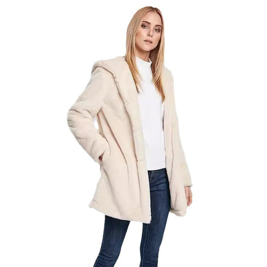 Damen Midilanger Kapuzen-Kunstpelzmantel mit offener Front und gefütterten Eingrifftaschen Shop Nory