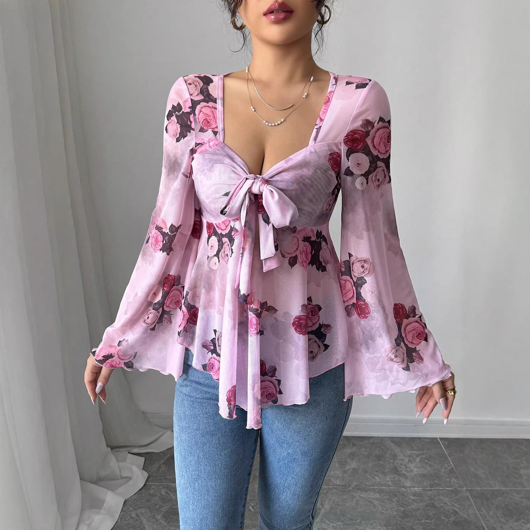 Damen Transparente Chiffon-Babydoll-Bluse mit Knotenfront und floralem Allover-Print Shop Nory
