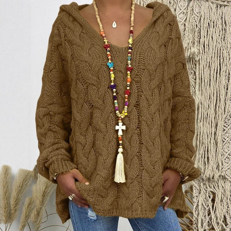 Damen Oversized Zopfmuster-Strickpullover mit Kapuze und lässigem V‑Ausschnitt Shop Nory