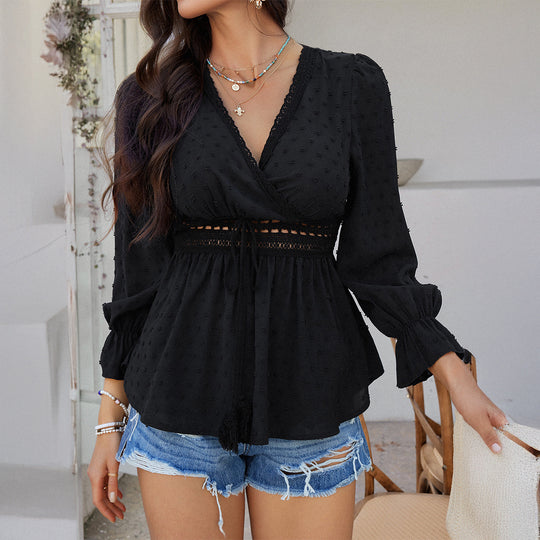 Damen nan Wickelbluse mit Spitzenbesatz, Taillenband und Glockenärmeln Shop Nory