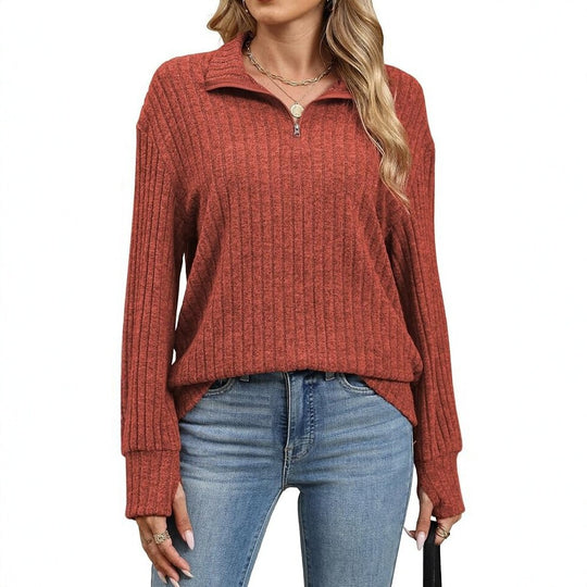 Damen Gerippter Halfzip-Pullover mit Stehkragen und Relaxed-Fit Shop Nory
