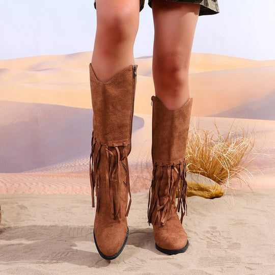 Damen Kniehohe Fransenstiefel im Western‑Boho‑Look mit spitzer Vorderkappe und mittlerem Blockabsatz Shop Nory