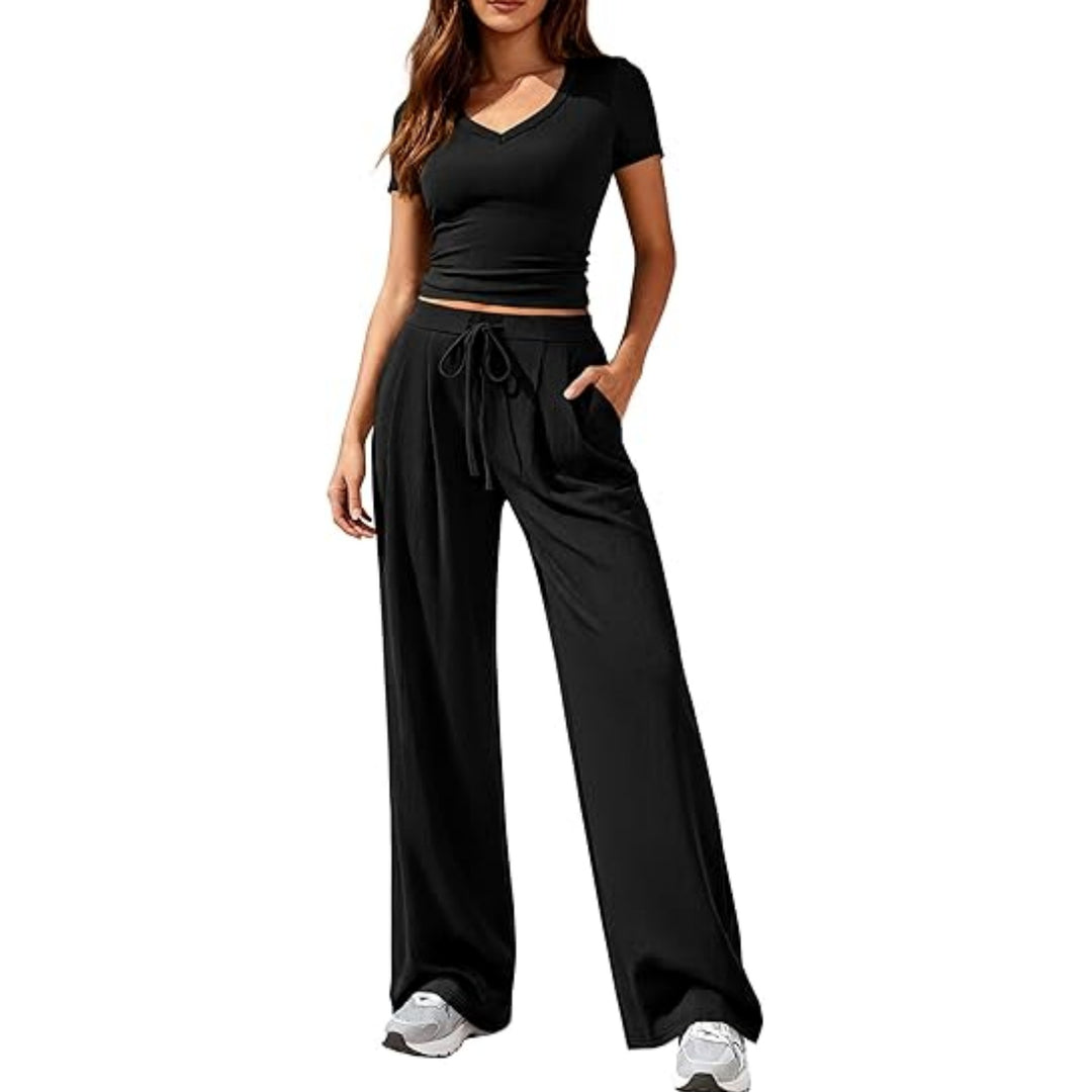 Damen Lässiges Lounge-Set mit tailliertem V-Ausschnitt bauchfreiem Top und weitem Kordelbund-Hose Shop Nory