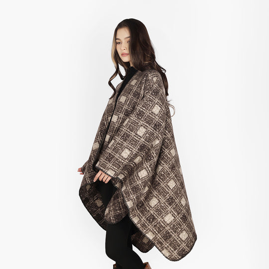 Damen Strukturierter Wollmix-Poncho im Ruana‑Schnitt mit kastiger Silhouette und Karo-Jacquard Shop Nory