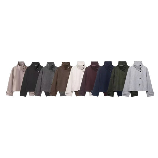 Damen Cropped Wollmix-Kurzjacke mit hohem Stehkragen, asymmetrischer Knopfleiste und Krempelmanschetten Shop Nory