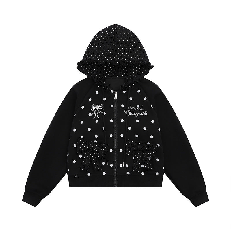 Damen Kapuzen‑Sweatjacke mit Rüschenkapuze, Polka‑Dot‑Muster und Zierschleifen Shop Nory