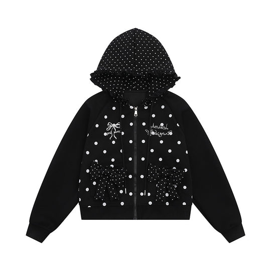 Damen Kapuzen‑Sweatjacke mit Rüschenkapuze, Polka‑Dot‑Muster und Zierschleifen Shop Nory