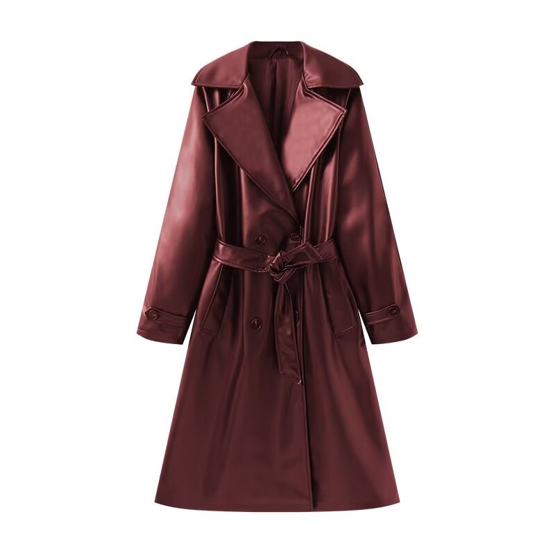 Damen Lange glänzende Trenchcoat-Übergangsjacke aus Lederoptik mit Taillengürtel Shop Nory