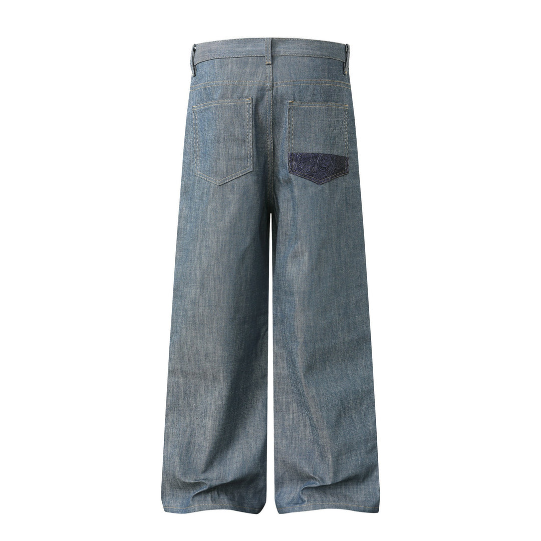 Damen Hochtaillierte weite Jeanshose mit dekorativen Pattentaschen und geradem Bein Shop Nory