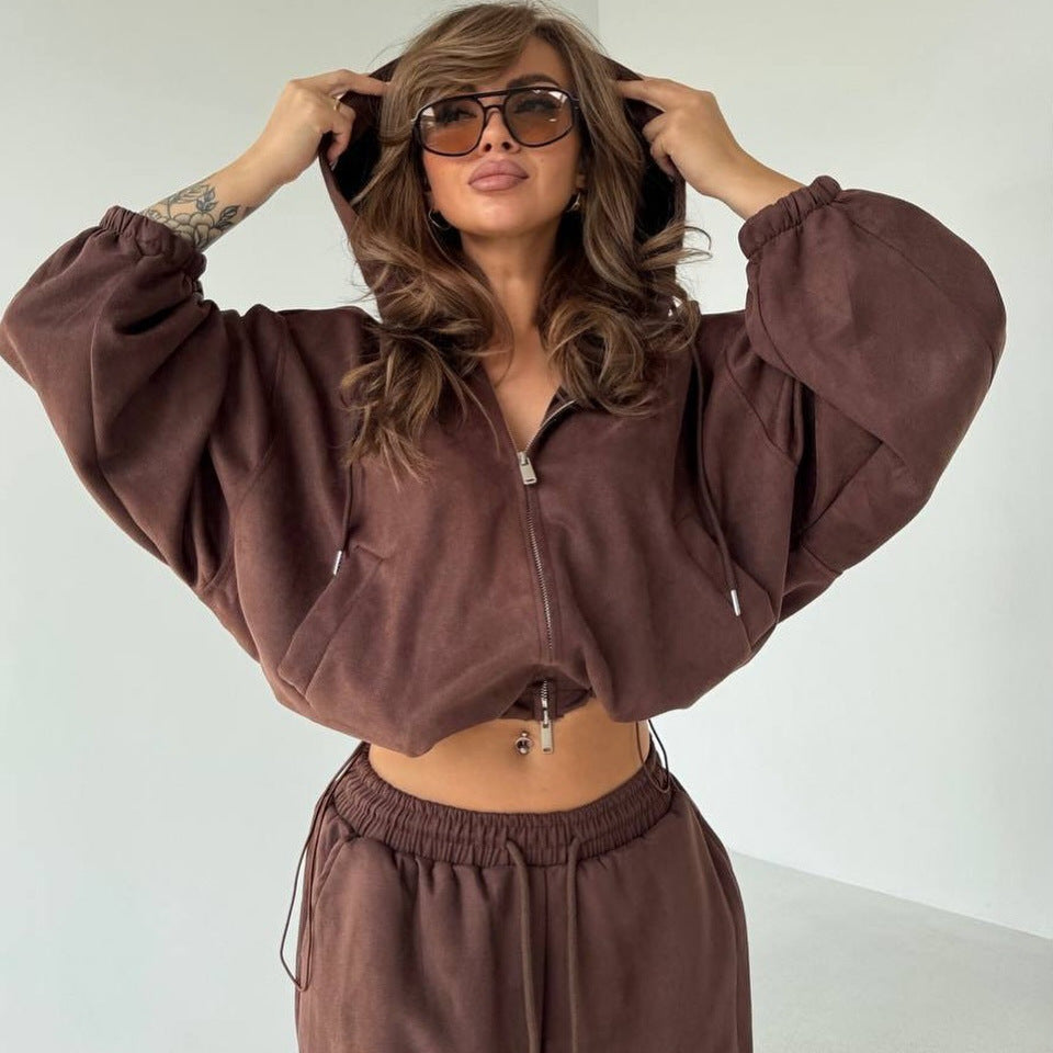 Damen Velours-Cropped-Kapuzenjacke mit Ballonärmeln und weiter Palazzo-Sweathose Shop Nory