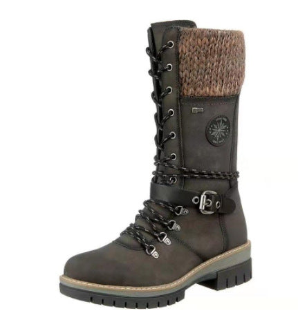 Damen nan knöchel- bis wadenhohe Schnürstiefel mit gestrickter Manschette, wasserdichter Membran, dekorativer Schnallenlasche und robuster Profilsohle Shop Nory