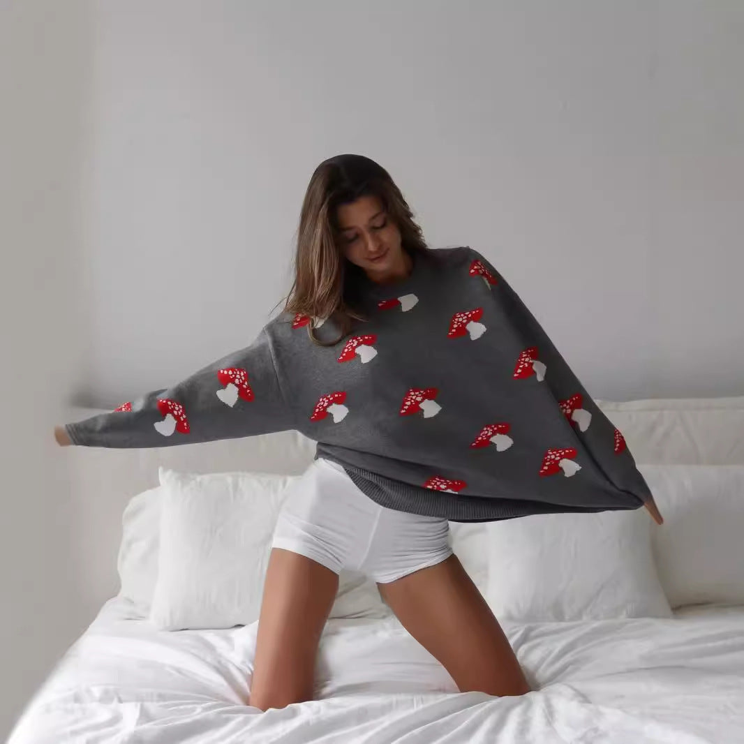 Damen weiter Strickpullover mit Pilzmotiv Rundhals Rippbündchen Shop Nory