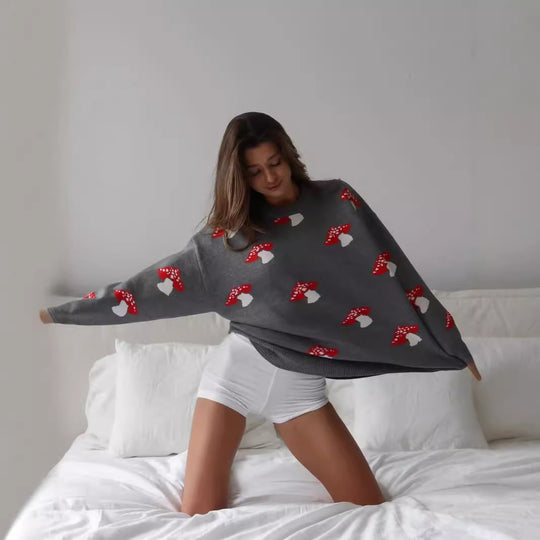 Damen weiter Strickpullover mit Pilzmotiv Rundhals Rippbündchen Shop Nory