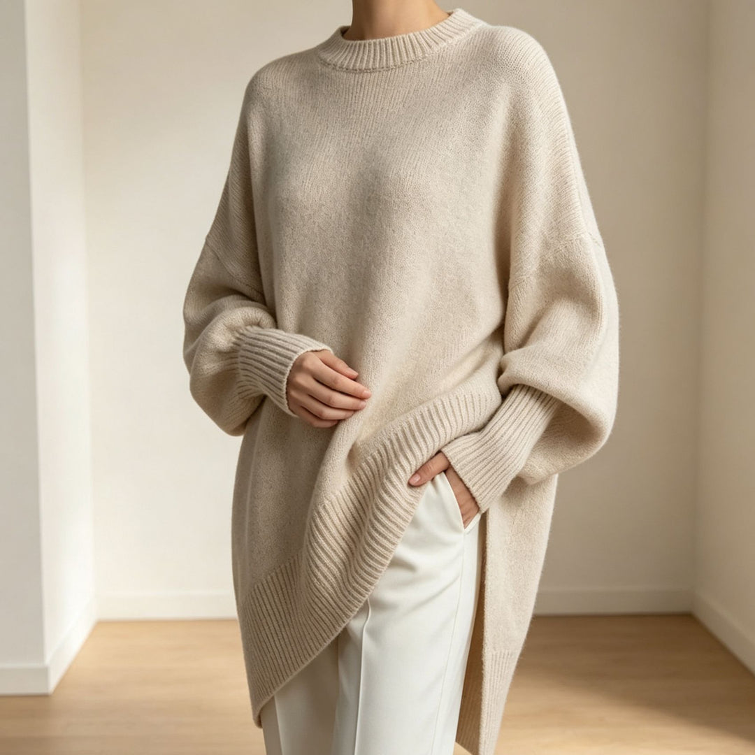 Damen Oversize Longline Feinstrick-Pullover mit Raglanärmeln und geripptem Saum Shop Nory