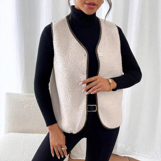 Damen Gefütterte Teddyweste mit Knopfleiste, Kontrastbesatz & Rundsaum Shop Nory