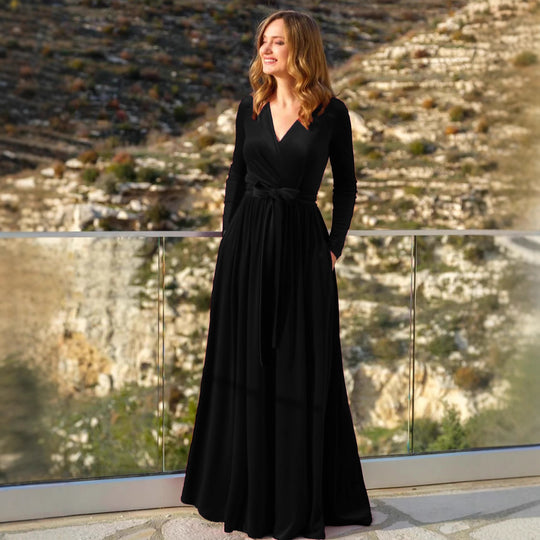 Damen nan elegantes Wickelmaxikleid aus Samt mit V-Ausschnitt, Taillengürtel und seitlichen Eingrifftaschen Shop Nory