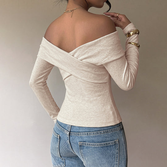 Damen Schulterfreies Wickel-Longsleeve mit Carmenkragen und taillierter Passform Shop Nory