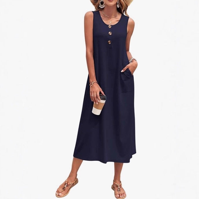 Damen Lässiges Midikleid mit Taschen und Knopfdetails Shopnory
