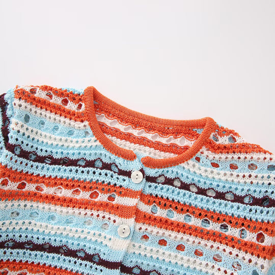 Damen Häkel-Cardigan mit Lochmuster, gestreifter Struktur und Dreiviertelärmeln Shop Nory