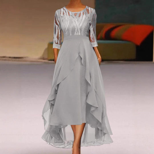 Damen nan edles Chiffon-Abendkleid mit besticktem Tülloberteil, Dreiviertelärmeln und asymmetrischem Stufen-Saum Shopnory