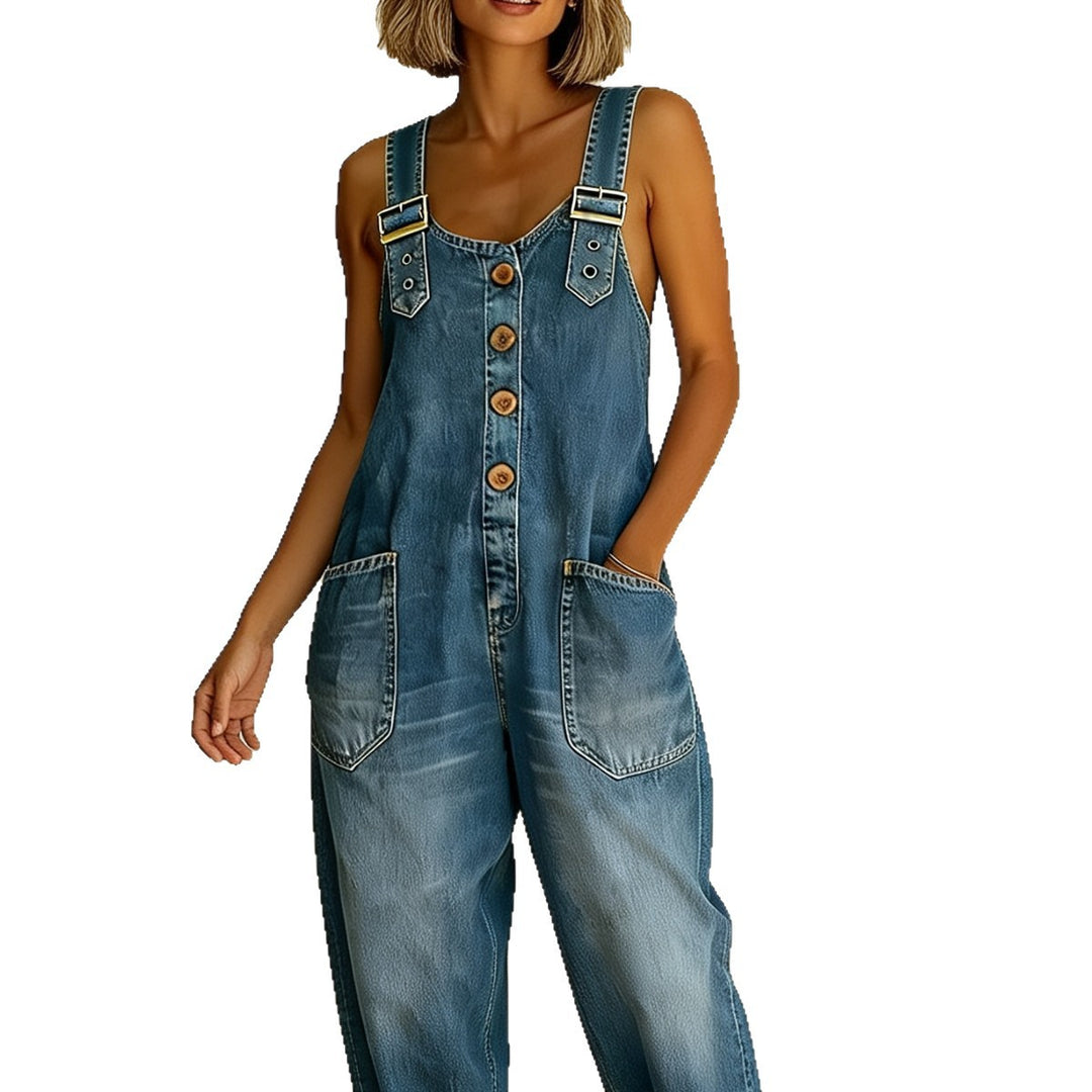 Damen Weite Denim-Latzhose mit Knopfleiste, verstellbaren Trägern und aufgesetzten Taschen Shop Nory
