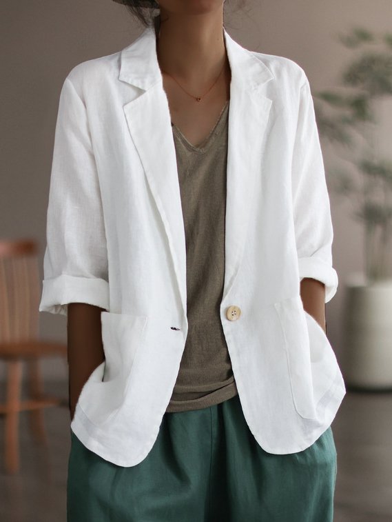 Damen Lässiger Leinenblazer mit breiten Ärmeln und Knopfverschluss