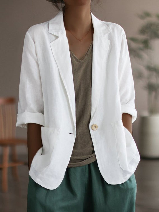 Damen Lässiger Leinenblazer mit breiten Ärmeln und Knopfverschluss