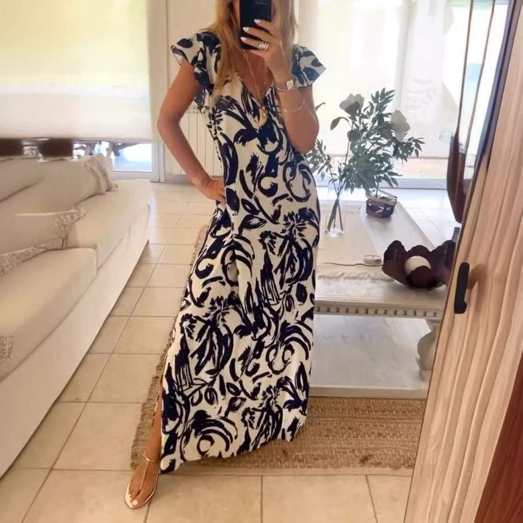 Damen Maxikleid mit voluminösen Ärmeln und elegantem V-Ausschnitt