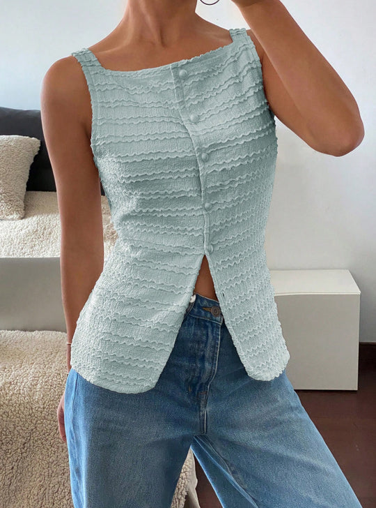 Damen Ärmelloses Struktur-Top mit Zierknopfleiste und Vorder‑Schlitz Shop Nory