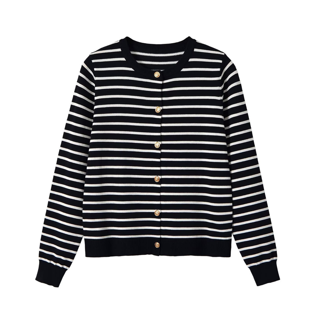 Damen Gestreifter Feinstrick-Cardigan mit Rundhals und Zierknöpfen Shop Nory