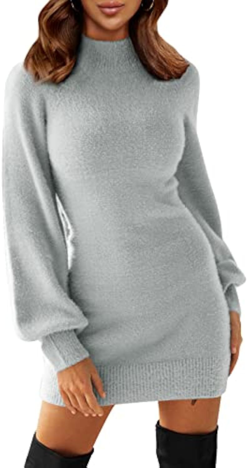 Damen Tailliertes Teddy-Strick-Minikleid mit Stehkragen und Ballonärmeln Shop Nory
