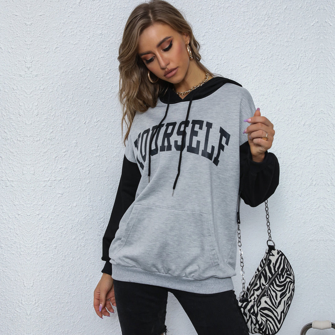 Damen Oversize-Kapuzenpullover mit College-Print, Kängurutasche und Kontrastärmeln Shop Nory