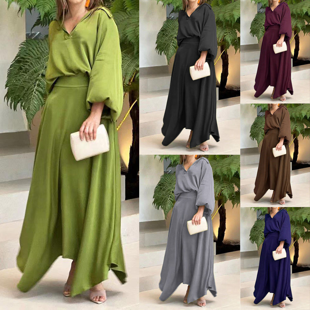 Damen Elegantes Maxikleid mit Kapuzen‑V‑Ausschnitt, Ballonärmeln und fließendem Saum Shop Nory