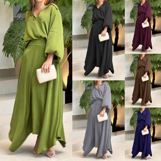 Damen Elegantes Maxikleid mit Kapuzen‑V‑Ausschnitt, Ballonärmeln und fließendem Saum Shop Nory
