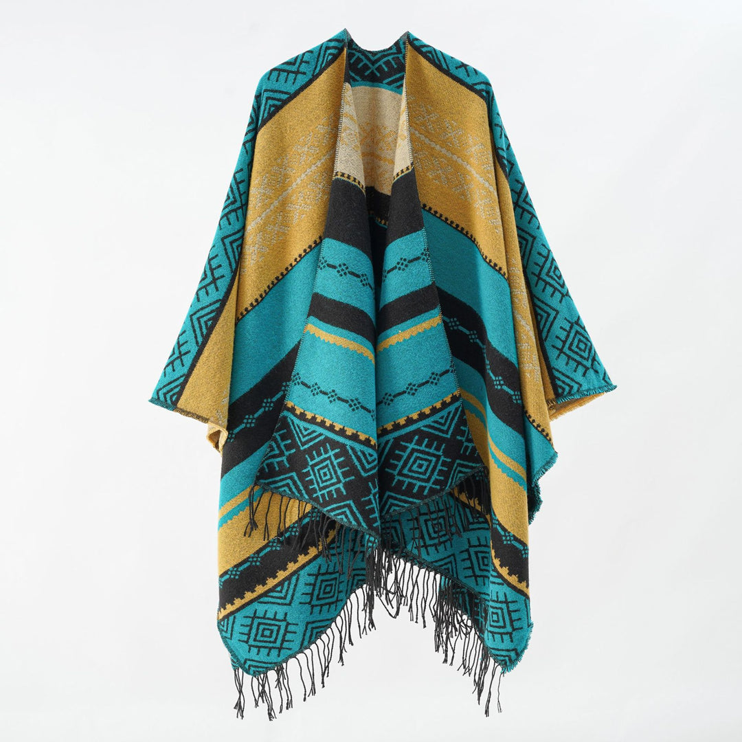 Damen Woven Jacquard-Poncho mit geometrischem Ethno-Muster und Fransensaum Shop Nory