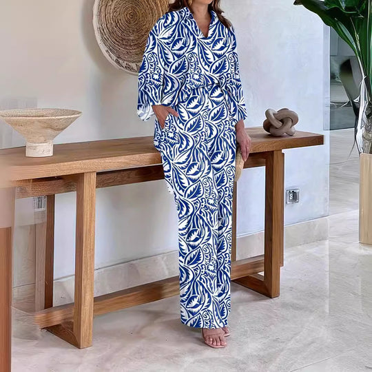 Damen Gemustertes Kimono-Lounge-Set mit weitem Palazzohose aus leichtem Viskose-Mix Shop Nory