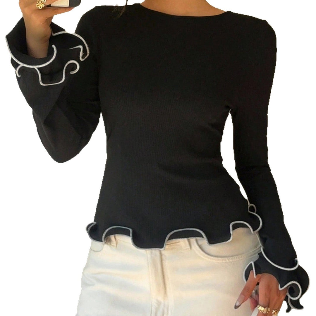 Damen Figurbetontes Langarmshirt mit Volantärmeln und welligem Saum Shop Nory