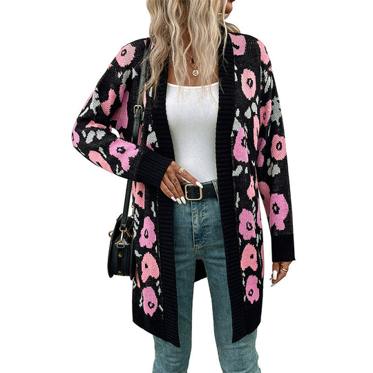 Damen Langer Strickcardigan mit Oversize-Schnitt, Animal-Jacquard und gerippten Bündchen Shop Nory
