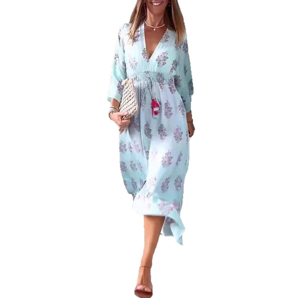 Damen nan luftig-fließendes Boho-Midikleid mit V-Ausschnitt, geraffter Smock-Taille, Kordelzug mit Quasten und asymmetrischem Volant-Saum