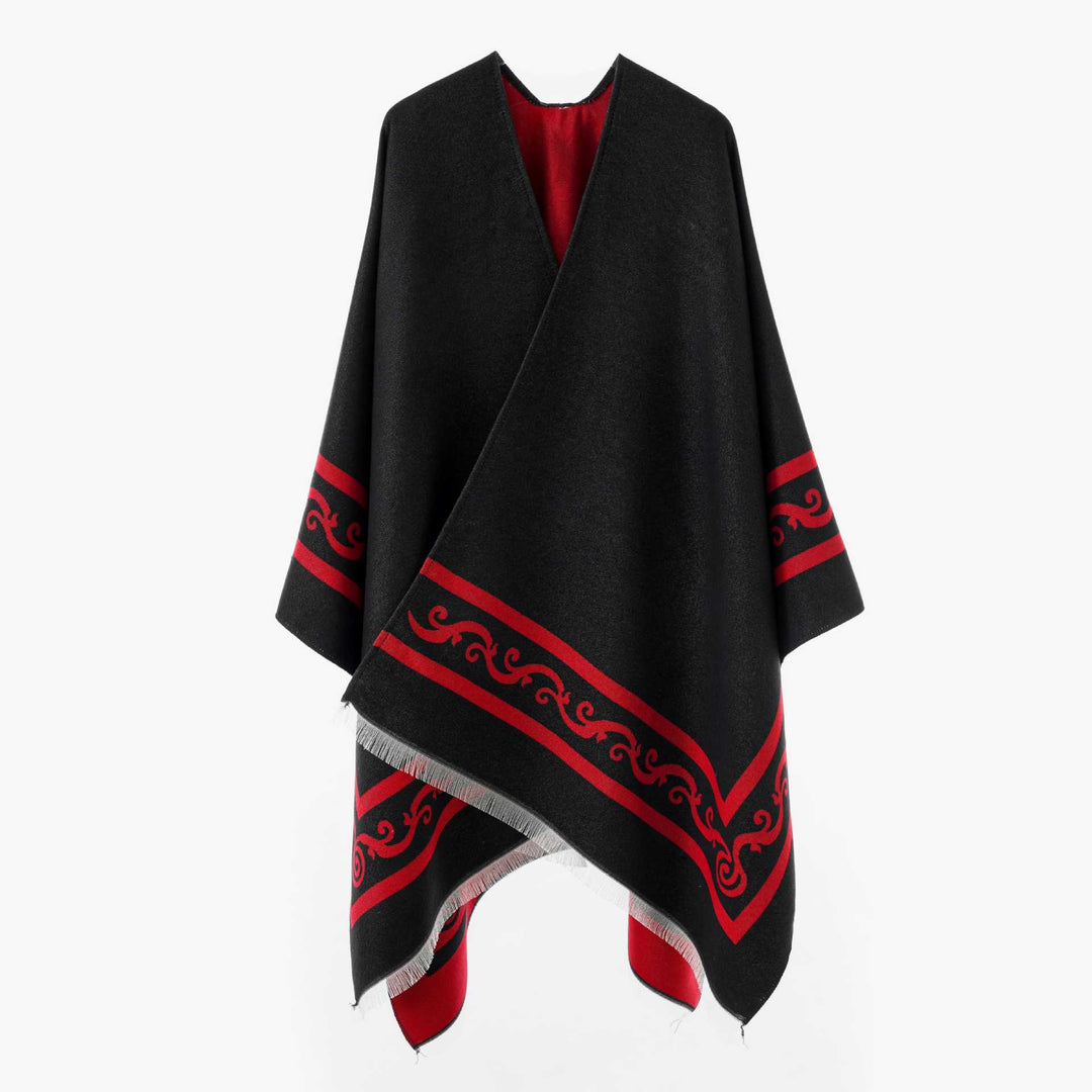 Damen Oversize-Cape mit geometrischem Jacquard und Fransensaum Shop Nory