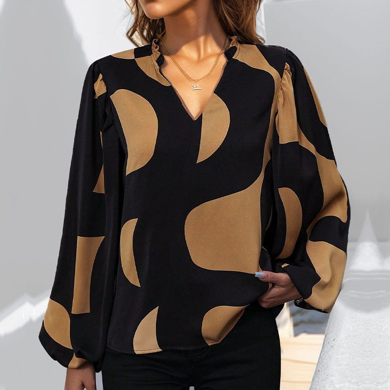 Damen Bluse mit Modischem V-Ausschnitt und Einzigartigem Muster