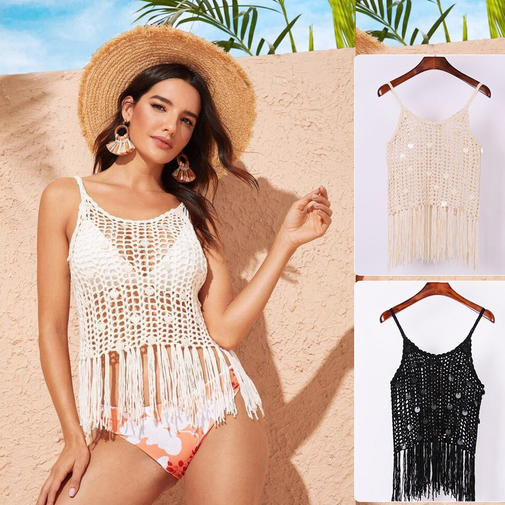 Damen trendiges Häkel-Top mit fransigen Details