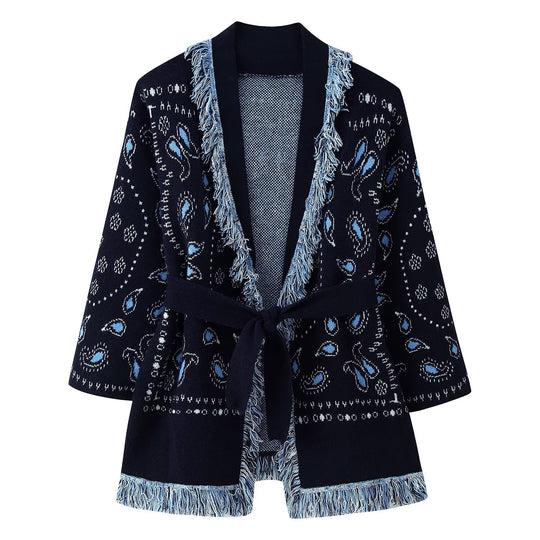 Damen Fransen-Strickjacke mit Paisley-Jacquard, Taillengürtel und offener Kimono-Silhouette Shop Nory