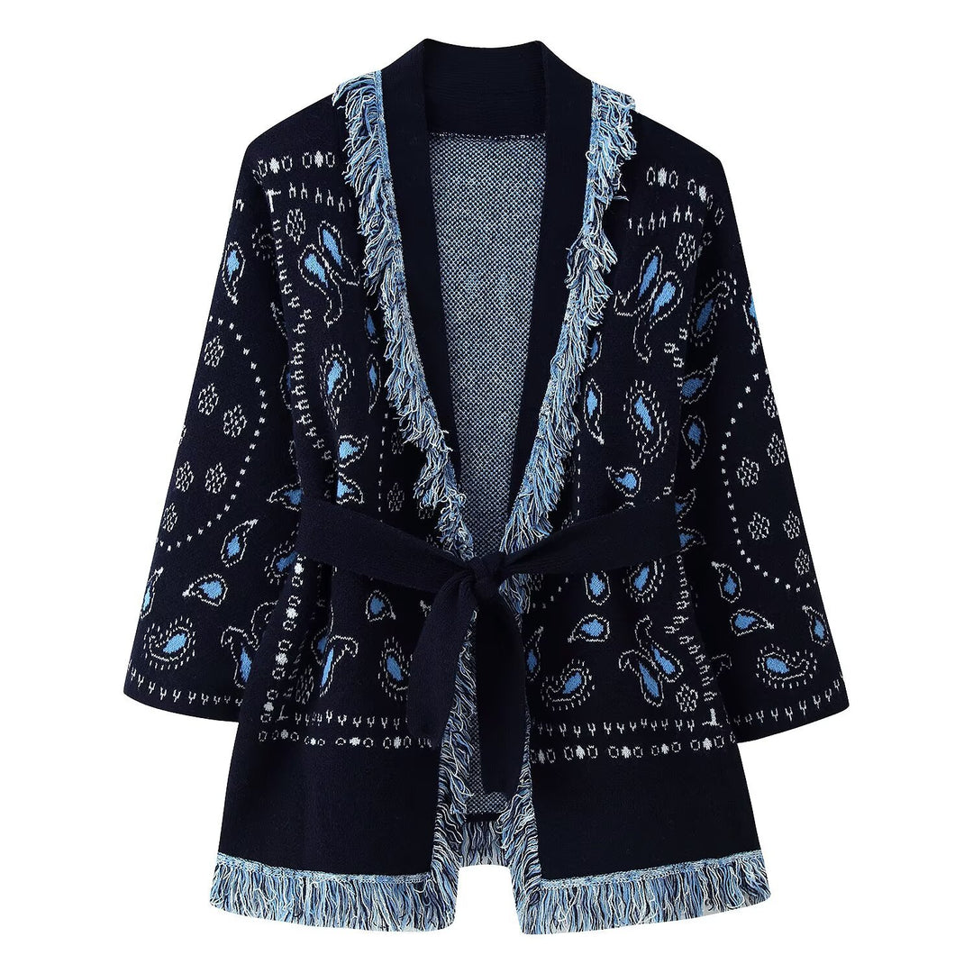 Damen Fransen-Kimono-Cardigan mit Paisley-Jacquard und Bindegürtel Shop Nory