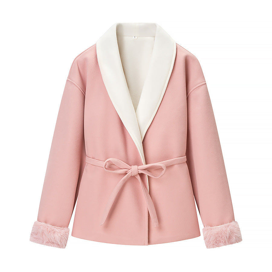 Damen Kurzblazer‑Mantel mit Kimono‑Schalkragen, Taillengürtel und Kunstfell‑Bündchen Shop Nory