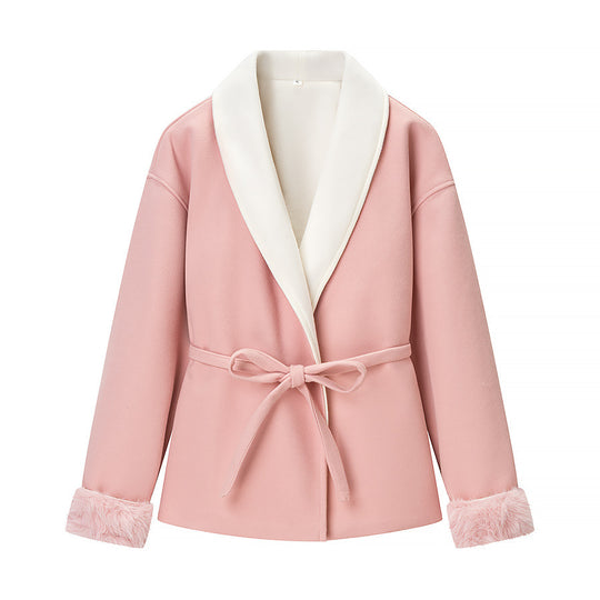 Damen Kurzblazer‑Mantel mit Kimono‑Schalkragen, Taillengürtel und Kunstfell‑Bündchen Shop Nory