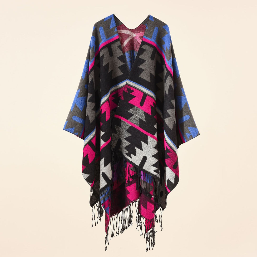 Damen Oversize-Ruana mit V‑Ausschnitt, grobem Jacquardmuster und langen Fransen Shop Nory